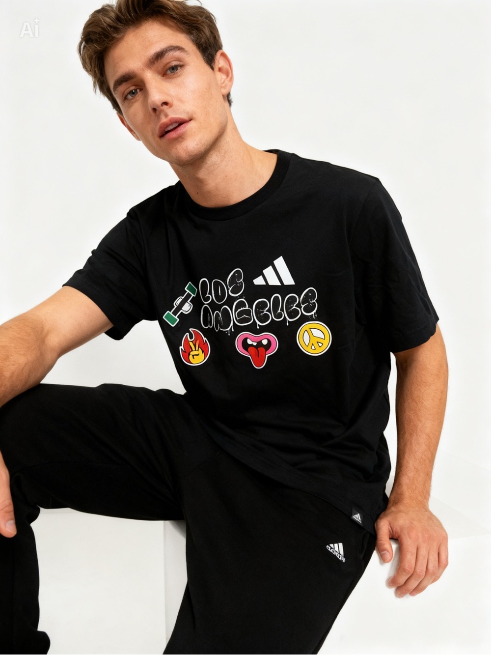 adidas Black Graphic 'Los Angeles' Crew Tee with Multicolor Icons